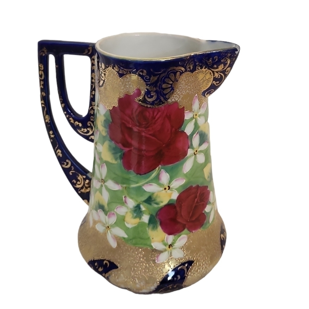 Nippon Hand Painted Red Floral Cobalt Gold Antique Ewer